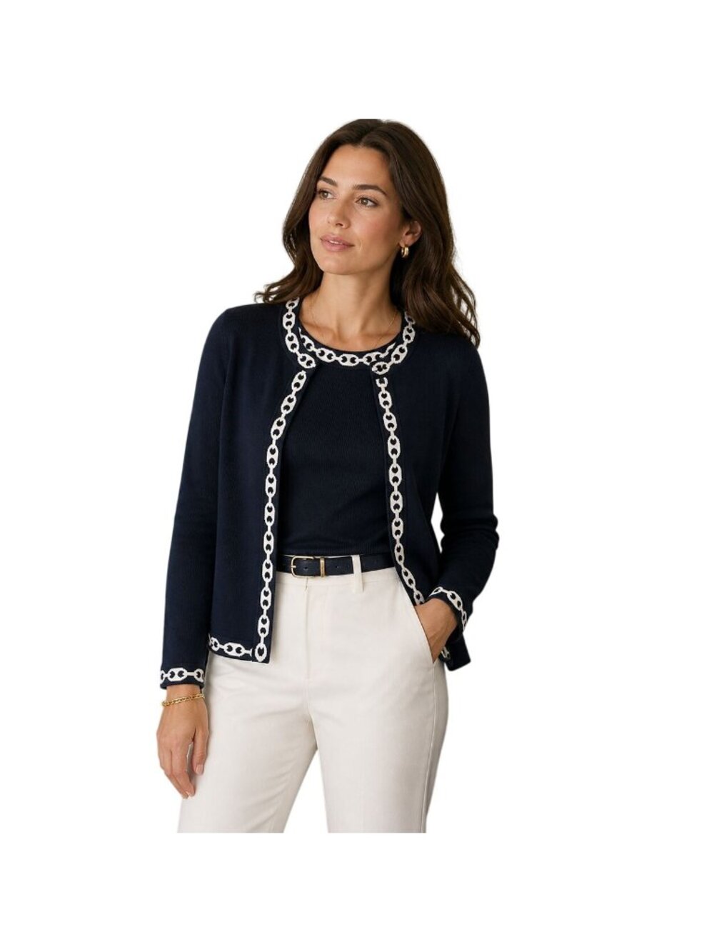 Grace Navy White Trim Slinky Twinset Sweater Set Preppy Nautical Quiet Luxury Si